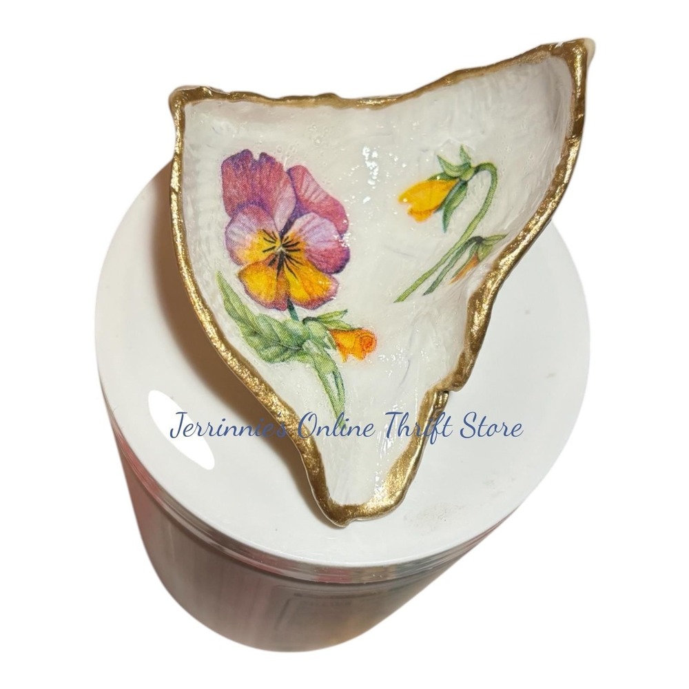 Handmade Decoupage Oyster Shell Trinket Dish Gold Rim Purple Pansy Floral Decor